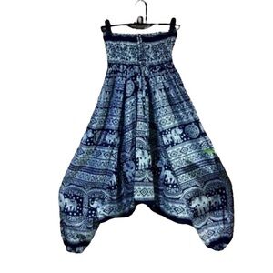 Bohemian Harem Yoga Drop Crotch Cotton  Blue Elephant print romper / jumpsuit